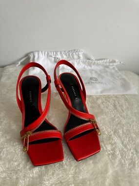 Versace Red Slingback Heels with Gold Zip Safety Pin